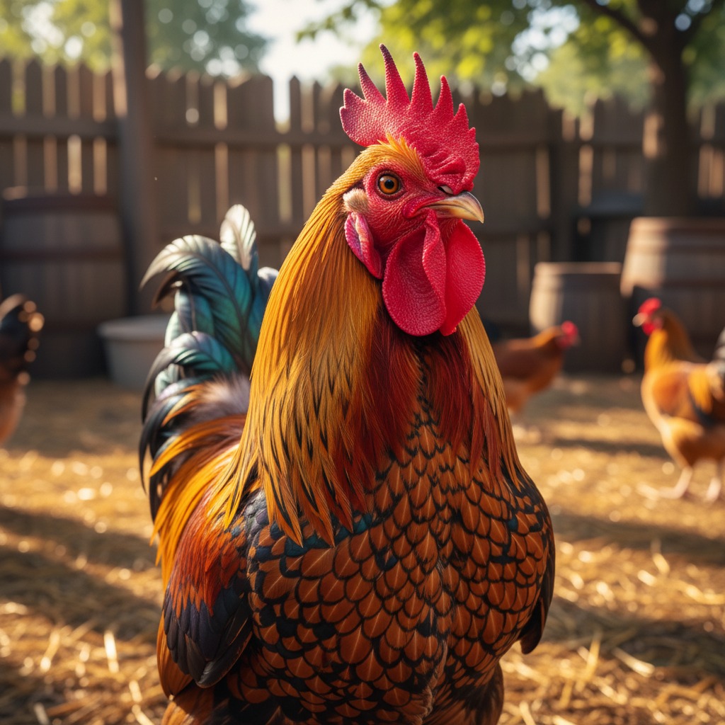 A colorful rooster stands in a sunlit farmyard with other chickens in the background.